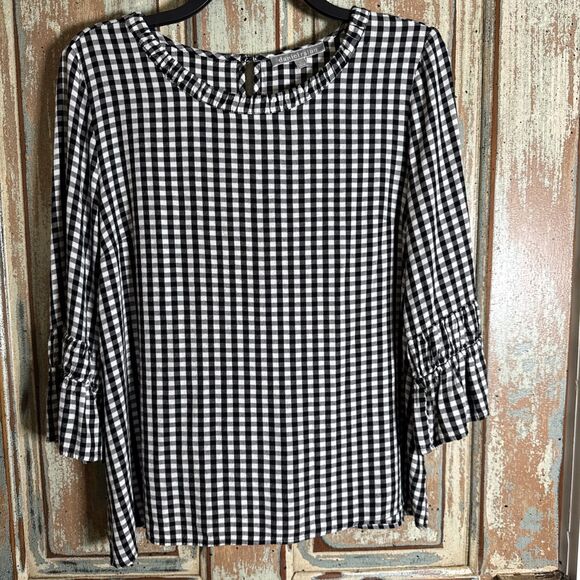 Daniel Rainn Black Gingham Womens L 3/4 Sleeve Blouse Ruffle Flared Cuffs - Picture 1 of 9